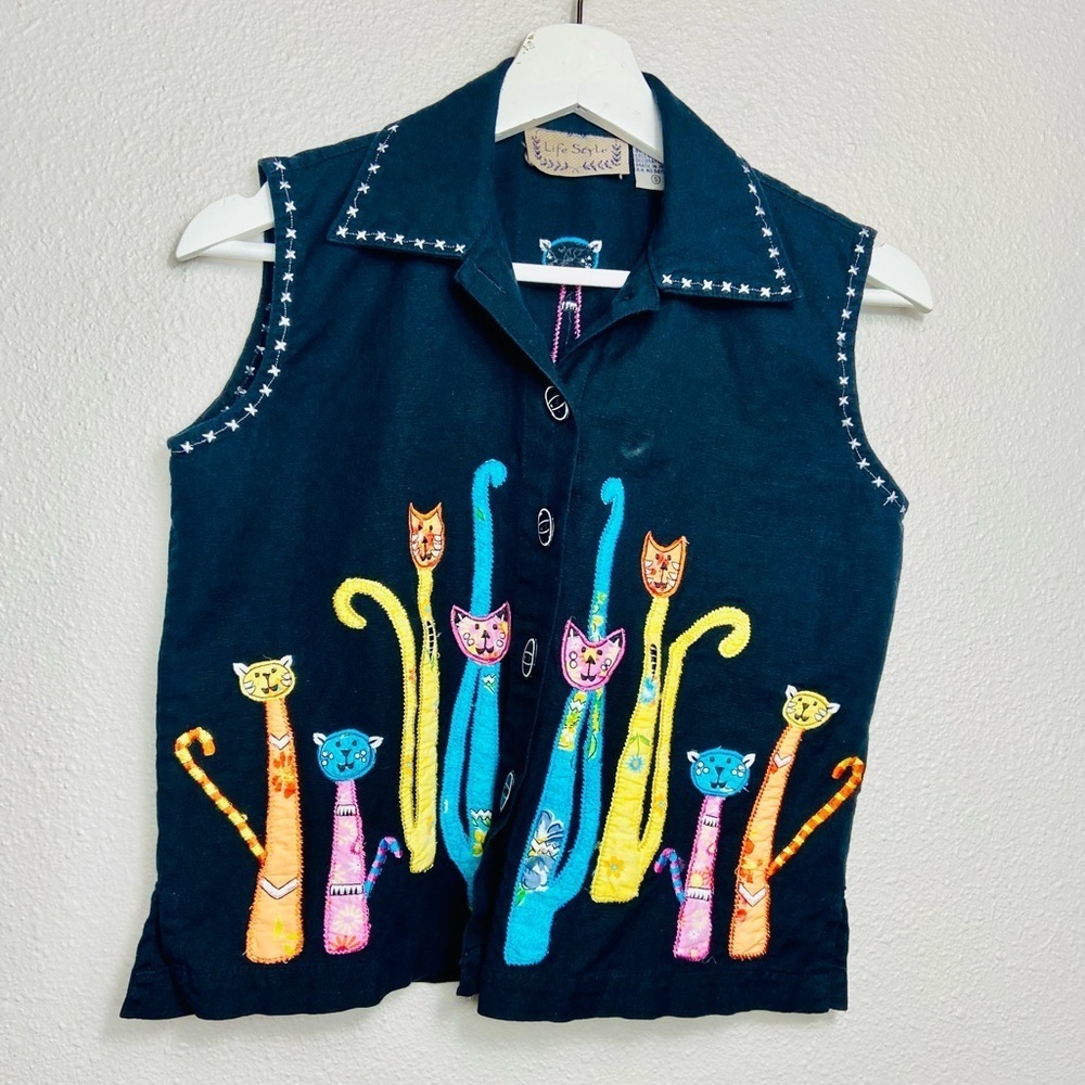 Life Style Cat Linen/ Cotton Shirt Size Small